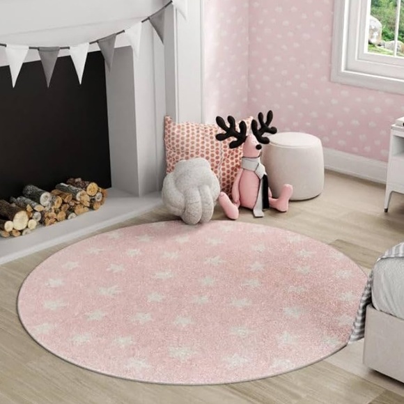 Pink Round Rug with Star Pattern - 7’10” Round - Picture 3 of 4